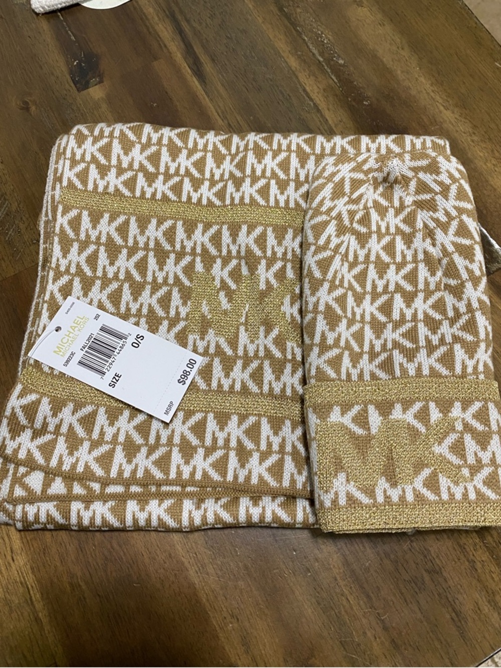 Michael Kors Tan, White and Gold MK Logo Knit Scarf
